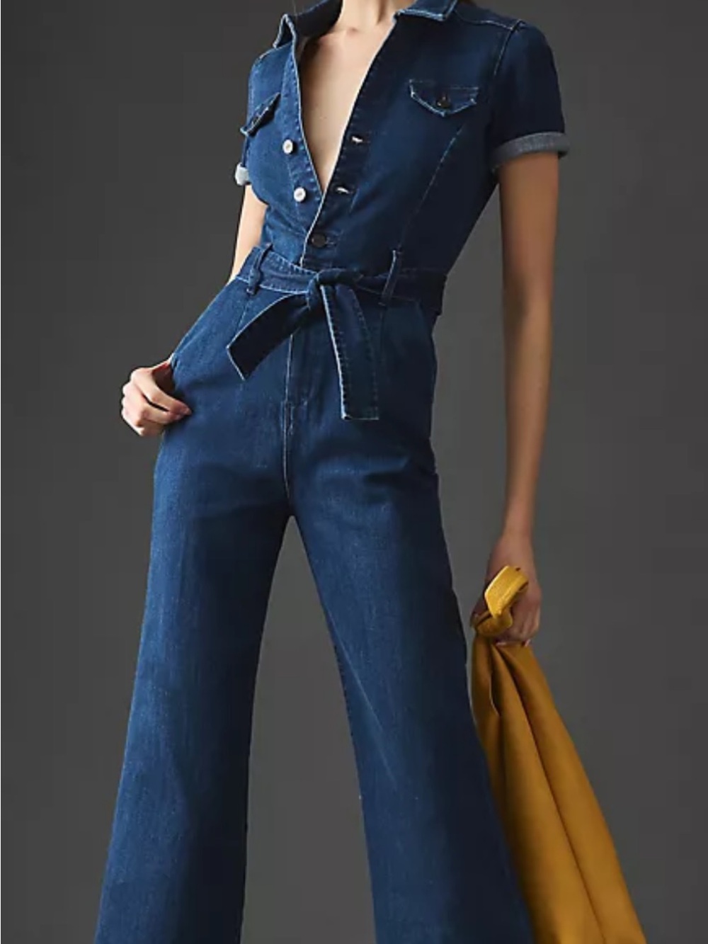 PAIGE Dark Blue Denim Short-Sleeve Jumpsuit with Belt